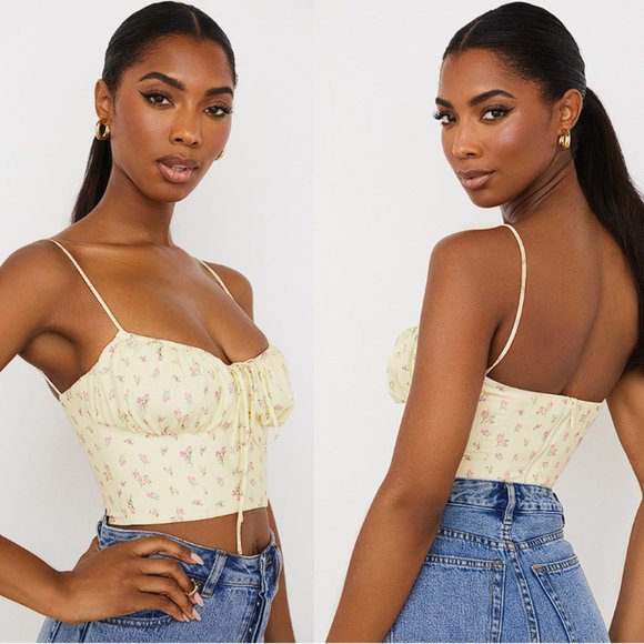 HOUSE OF CB 'Lilibeth' Lemon Ditsy Floral Gathered Bustier Top NWOT - Picture 5 of 10